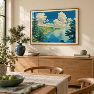 Hasui Kawase Seascape Print, framed on the wall of a calm dining room with a pale beige wall