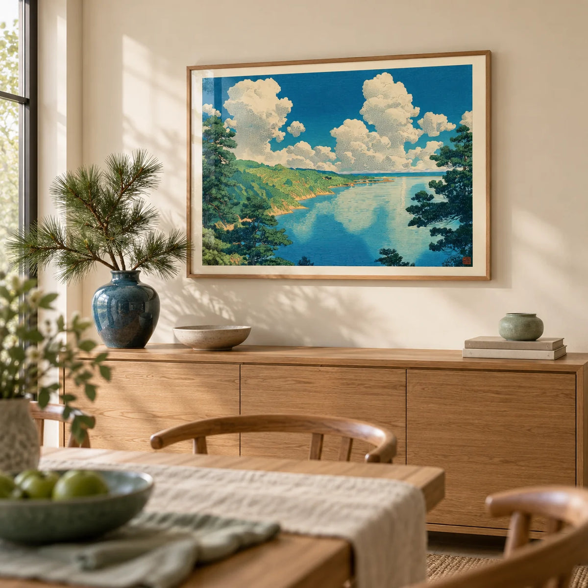 Hasui Kawase Seascape Print, framed on the wall of a calm dining room with a pale beige wall