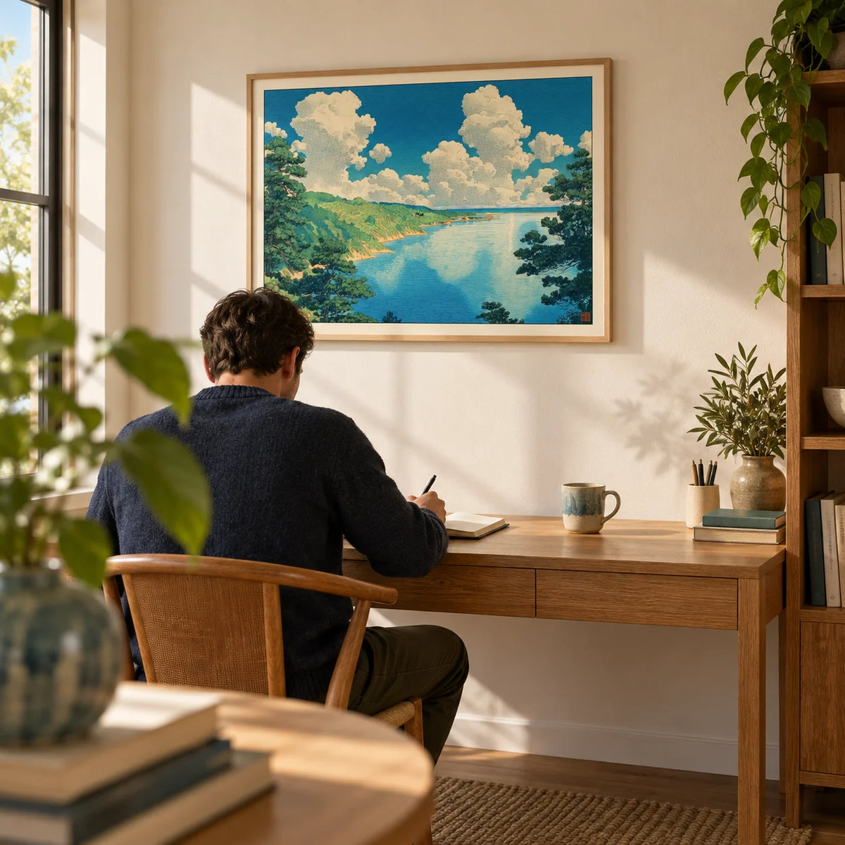 Hasui Kawase Seascape Print, framed on the wall of a quiet study with a warm white wall