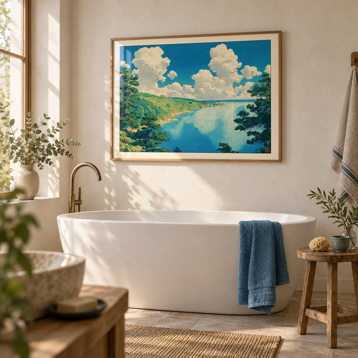 Hasui Kawase Seascape Print, framed on the wall of a serene bathroom with pale plaster walls