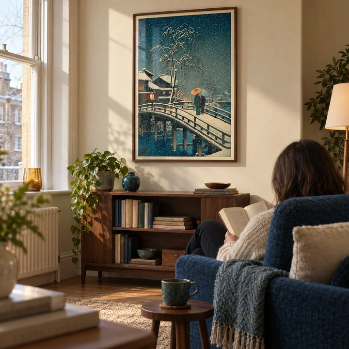 Hasui Kawase Snow Print, framed on the wall of a quiet reading corner beside a sash window in a UK flat with a warm cream wall in a living room