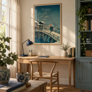 Hasui Kawase Snow Print, framed on the wall of a restful home study in a UK garden-facing spare room with a cream wall and a muted teal built-in cupboard