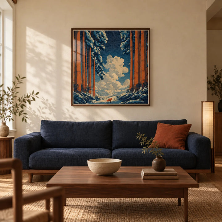 Hasui Kawase Snowy Forest Art Print, framed on the wall of a calm Japanese-inspired living room in a UK terraced house with warm cream plaster walls and oak floorboards