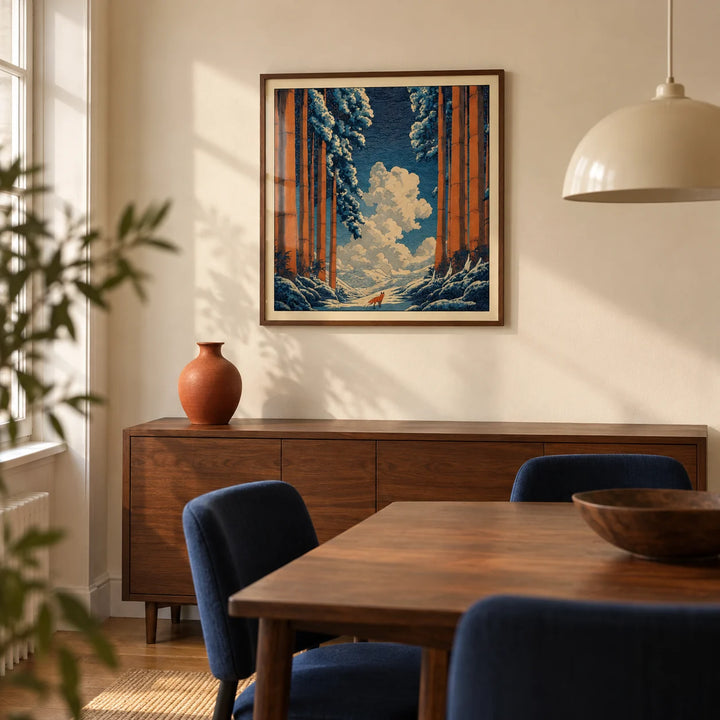 Hasui Kawase Snowy Forest Art Print, framed on the wall of a compact dining room in a design-conscious UK flat with pale cream walls and a walnut dining table