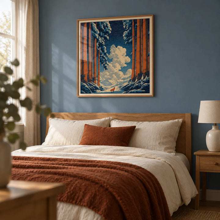 Hasui Kawase Snowy Forest Art Print, framed on the wall of a peaceful main bedroom in a British home with a muted blue wall and natural timber furniture