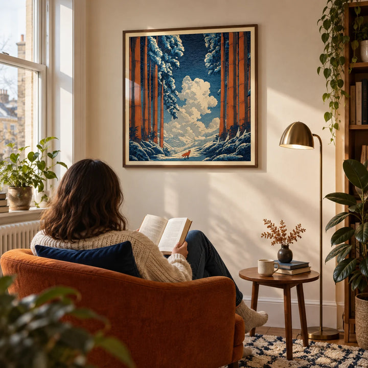 Hasui Kawase Snowy Forest Art Print, framed on the wall of a quiet reading corner beside a tall window in a UK flat with a warm white wall in a living room