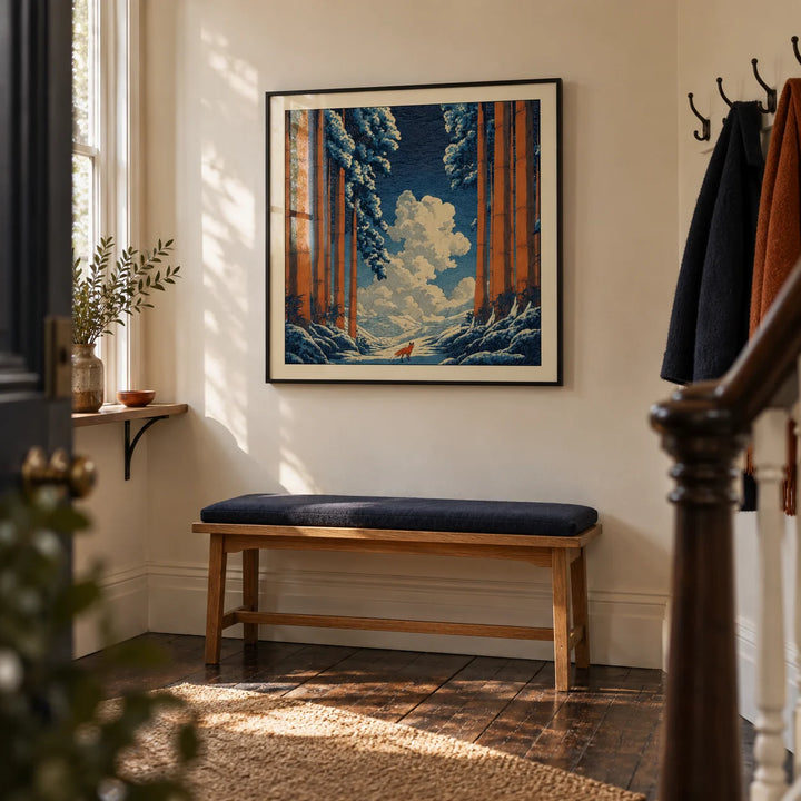 Hasui Kawase Snowy Forest Art Print, framed on the wall of a welcoming hallway in a British Victorian terrace with cream walls and dark timber floorboards