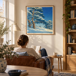 Hasui Kawase Snowy Pines Art Print, framed on the wall of a quiet reading nook in a UK flat with a cream wall and a built-in oak bookcase to one side in a living room