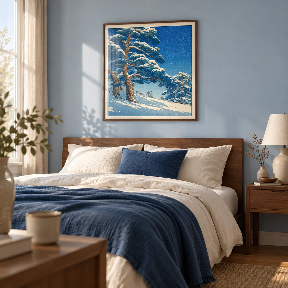 Hasui Kawase Snowy Pines Art Print, framed on the wall of a restful adult bedroom with pale blue walls and warm timber furniture
