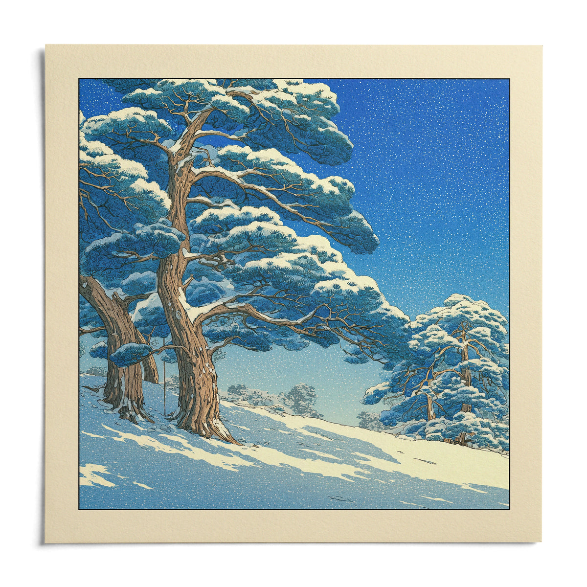 Hasui Kawase Snowy Pines Art Print, shown as an unframed paper print on a plain white background