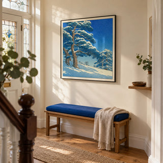 Hasui Kawase Snowy Pines Art Print, framed on the wall of a welcoming hallway in a Victorian terrace with pale cream walls and warm oak floorboards