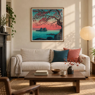 Hasui Kawase Sunset Seascape Print, framed on the wall of a calm Japanese-influenced living room in a UK Victorian terrace with warm ivory plaster walls and oak floorboards