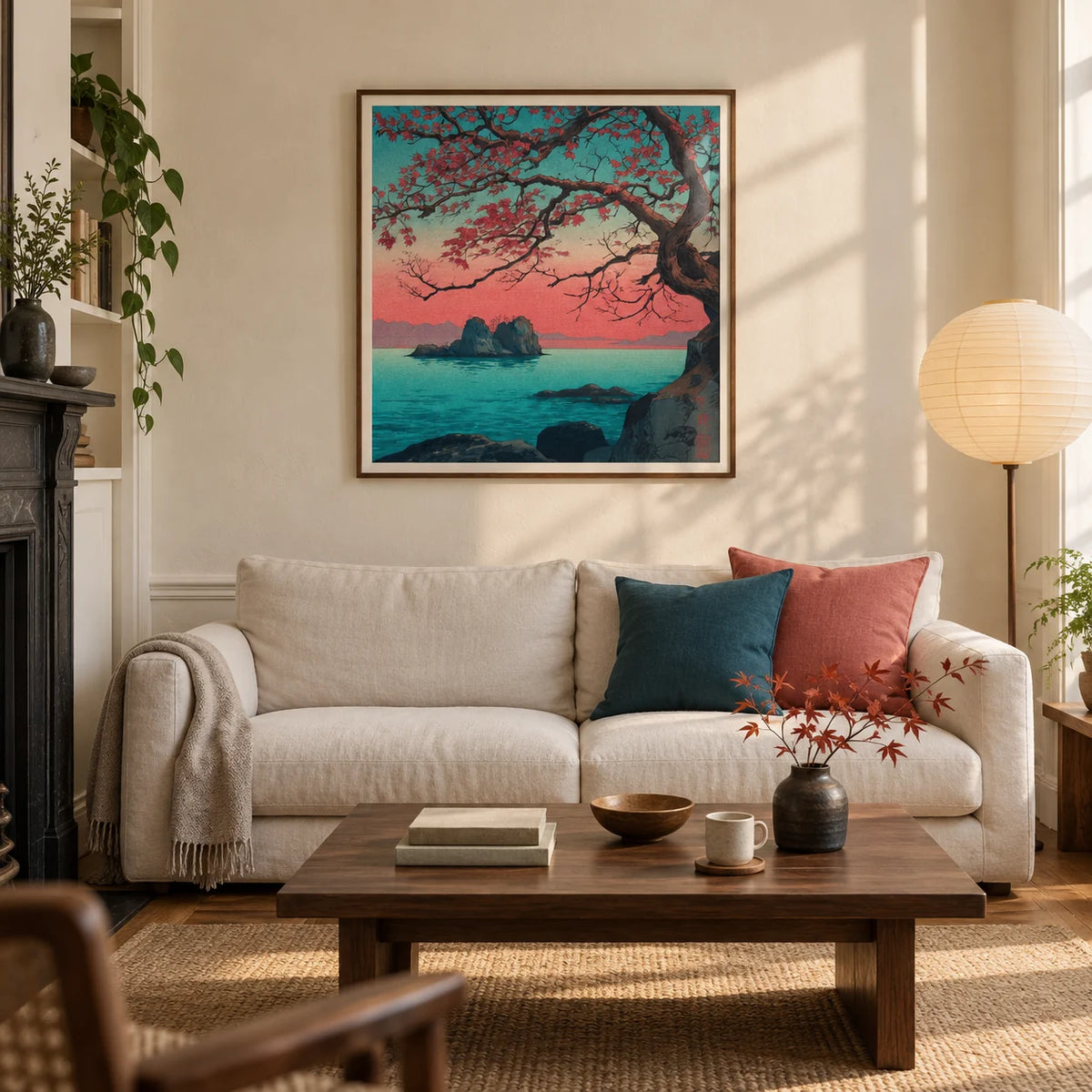 Hasui Kawase Sunset Seascape Print, framed on the wall of a calm Japanese-influenced living room in a UK Victorian terrace with warm ivory plaster walls and oak floorboards