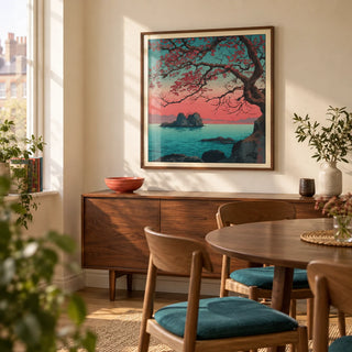 Hasui Kawase Sunset Seascape Print, framed on the wall of a compact dining room in a design-conscious UK flat with warm cream walls