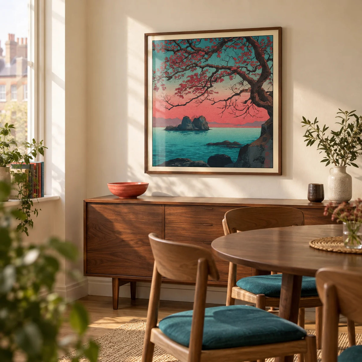 Hasui Kawase Sunset Seascape Print, framed on the wall of a compact dining room in a design-conscious UK flat with warm cream walls