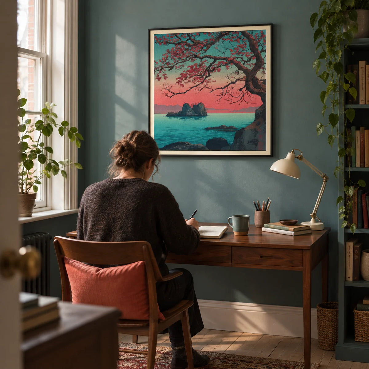 Hasui Kawase Sunset Seascape Print, framed on the wall of a quiet home study in a UK terraced house with a muted teal wall and pale timber floor