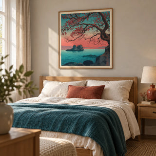 Hasui Kawase Sunset Seascape Print, framed on the wall of a restful main bedroom in a UK townhouse with a pale warm grey wall