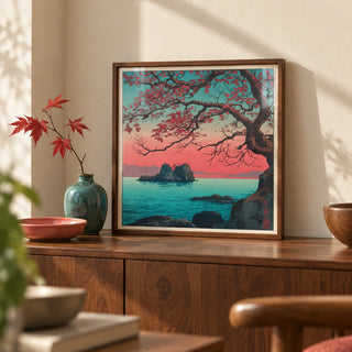Hasui Kawase Sunset Seascape Print, a small A4 framed print leaning on a walnut sideboard in a living room