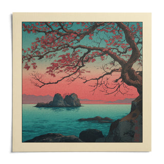 Hasui Kawase Sunset Seascape Print, shown as an unframed paper print on a plain white background