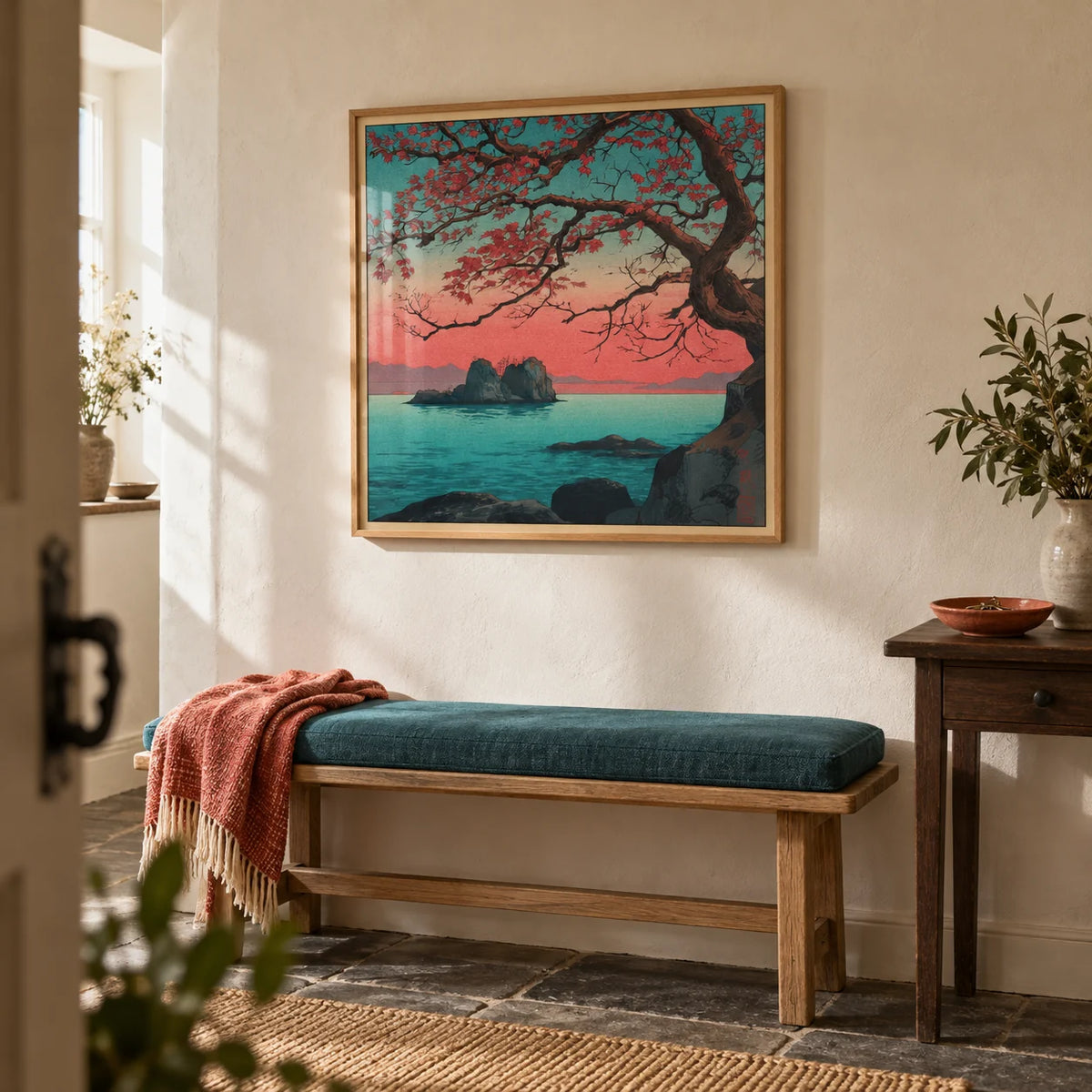 Hasui Kawase Sunset Seascape Print, framed on the wall of a welcoming hallway in a UK coastal cottage with warm off-white plaster and a dark stone floor