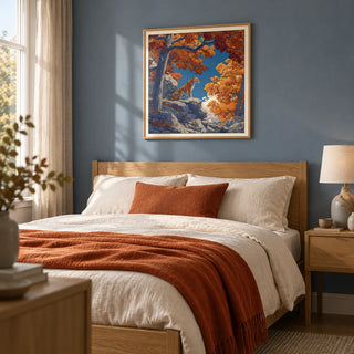 Hasui Kawase Tiger Art Print, framed on the wall of a calm main bedroom in a UK home with a muted blue wall and natural oak furniture