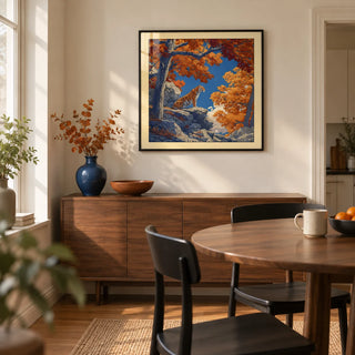 Hasui Kawase Tiger Art Print, framed on the wall of a compact dining room in a design-conscious UK flat with warm white walls
