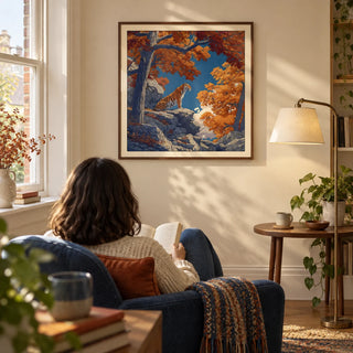Hasui Kawase Tiger Art Print, framed on the wall of a quiet reading corner in a UK first home with a warm cream wall and a tall sash window in a living room