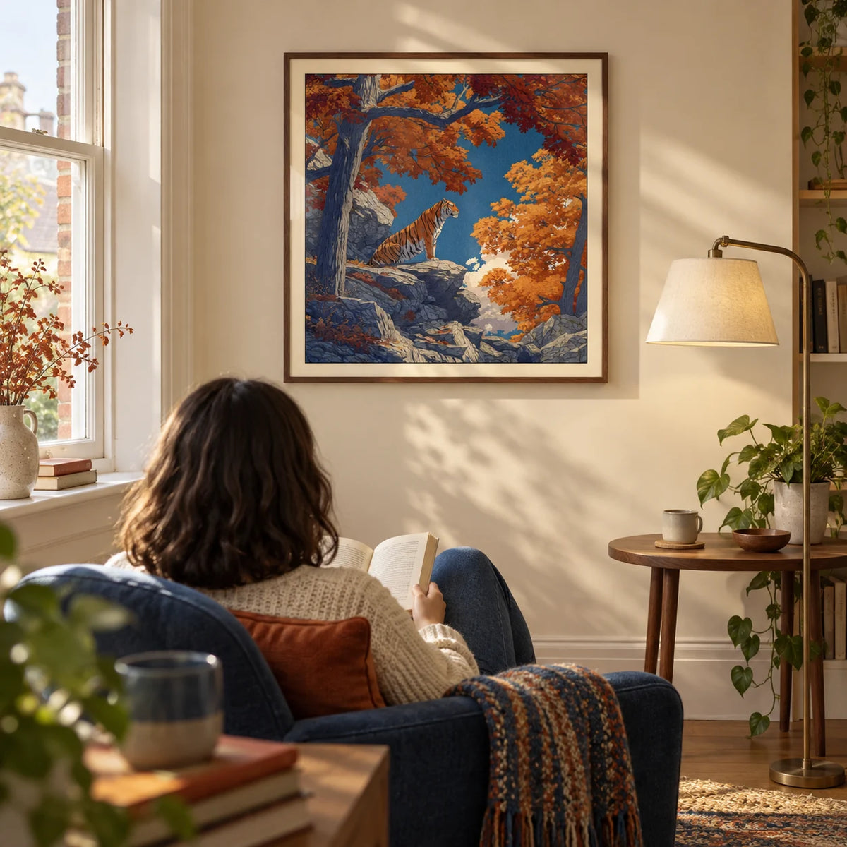 Hasui Kawase Tiger Art Print, framed on the wall of a quiet reading corner in a UK first home with a warm cream wall and a tall sash window in a living room