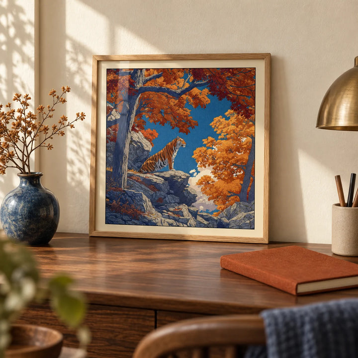 Hasui Kawase Tiger Art Print, a small A4 framed print leaning on a walnut writing desk
