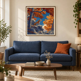 Hasui Kawase Tiger Art Print, framed on the wall of a warm contemporary living room in a UK terraced house with cream plaster walls and oak floorboards