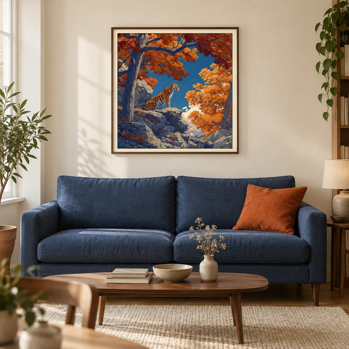 Hasui Kawase Tiger Art Print, framed on the wall of a warm contemporary living room in a UK terraced house with cream plaster walls and oak floorboards