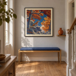 Hasui Kawase Tiger Art Print, framed on the wall of a welcoming narrow hallway in a renovated UK terrace with pale grey plaster walls and warm oak floorboards