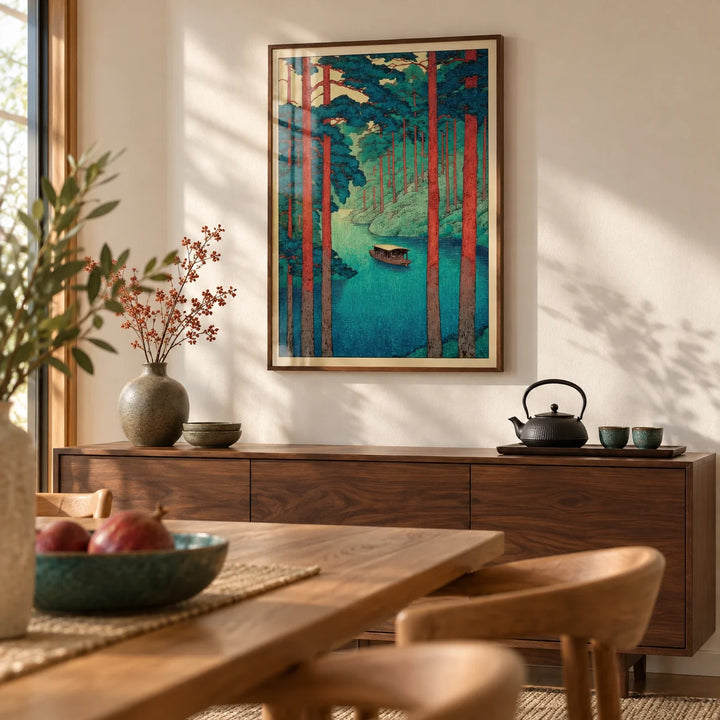 Hasui Kawase Tranquil River, framed on the wall of a calm dining room with a warm white wall