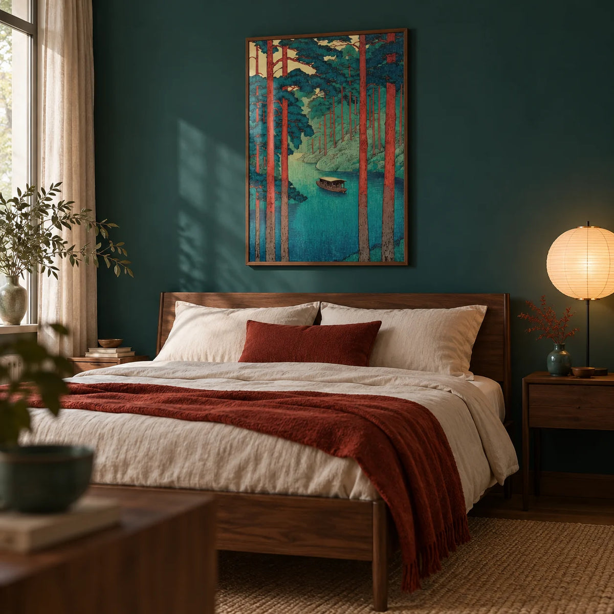 Hasui Kawase Tranquil River, framed on the wall of a calm grown-up bedroom with a deep teal painted wall