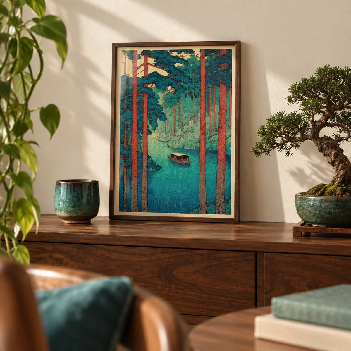 Hasui Kawase Tranquil River, a small A4 framed print leaning on a walnut shelf in a living room