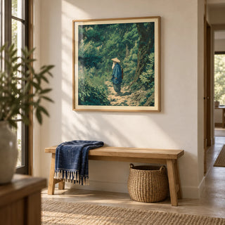 Hasui Kawase Vintage Woodblock Style Print, framed on the wall of a calm hallway with a warm white wall