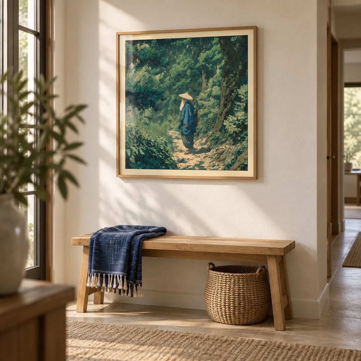 Hasui Kawase Vintage Woodblock Style Print, framed on the wall of a calm hallway with a warm white wall