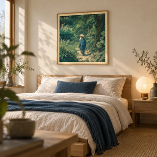 Hasui Kawase Vintage Woodblock Style Print, framed on the wall of a calm Japandi bedroom with a soft cream wall