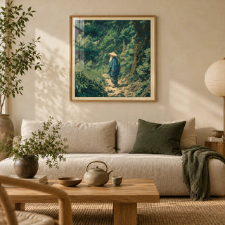 Hasui Kawase Vintage Woodblock Style Print, framed on the wall of a calm Japandi living room with a warm cream limewashed wall