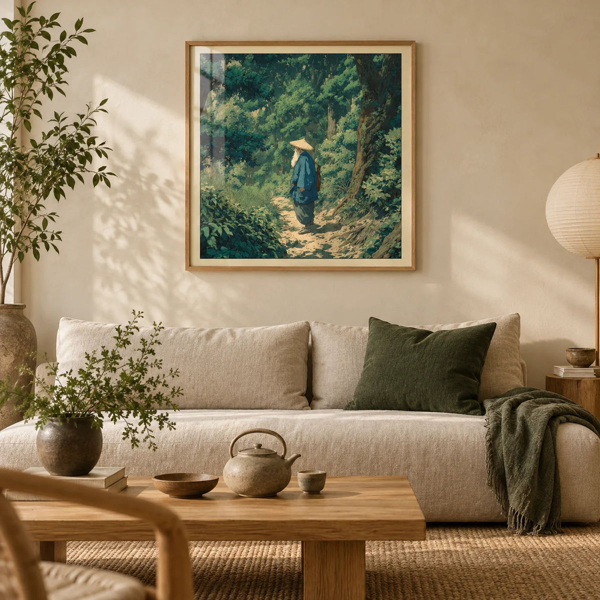 Hasui Kawase Vintage Woodblock Style Print, framed on the wall of a calm Japandi living room with a warm cream limewashed wall