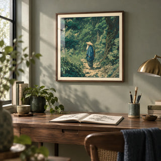 Hasui Kawase Vintage Woodblock Style Print, framed on the wall of a calm study with a soft green-grey wall