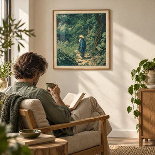 Hasui Kawase Vintage Woodblock Style Print, framed on the wall of a quiet reading corner with a warm white wall in a living room