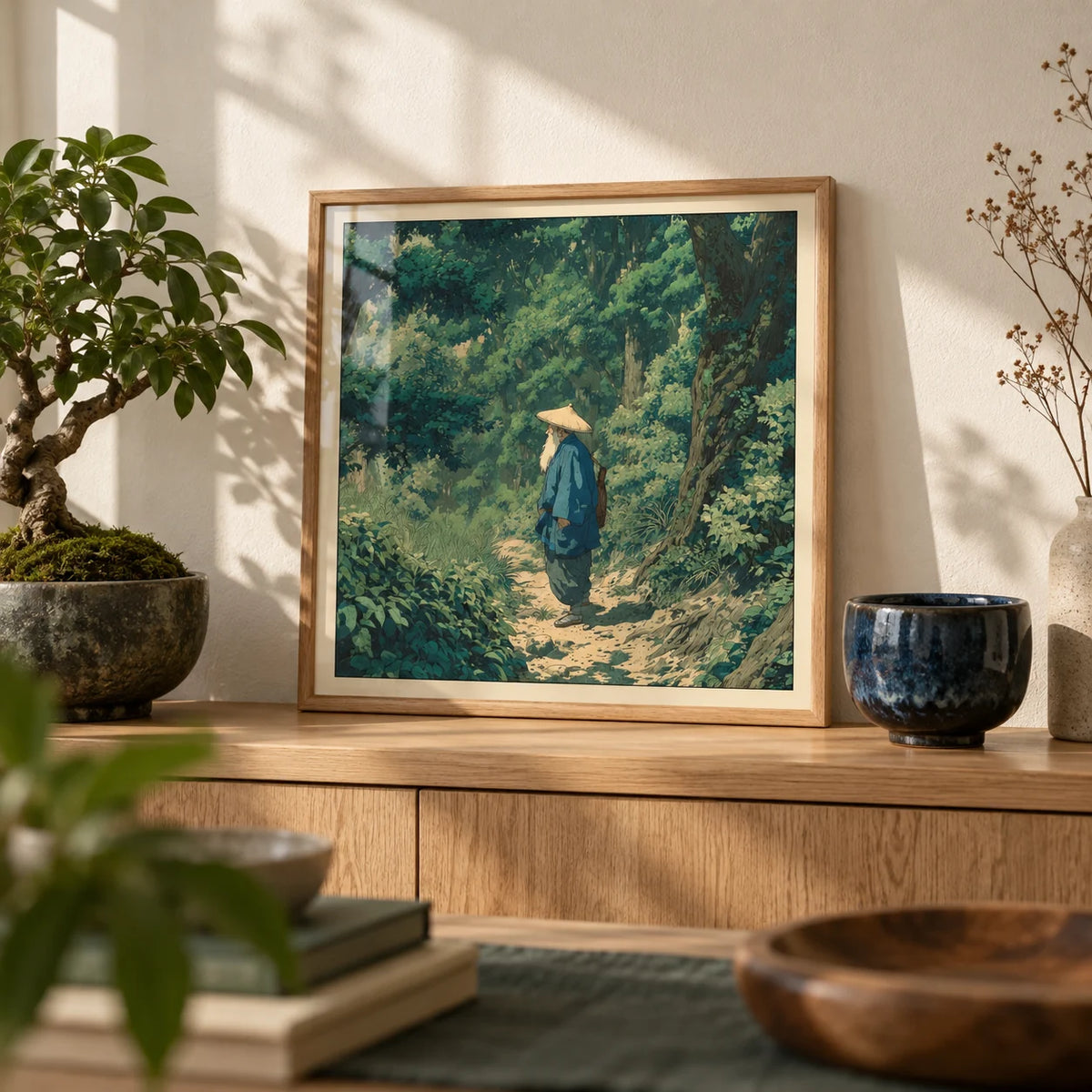 Hasui Kawase Vintage Woodblock Style Print, a small A4 framed print leaning on an oak shelf in a living room