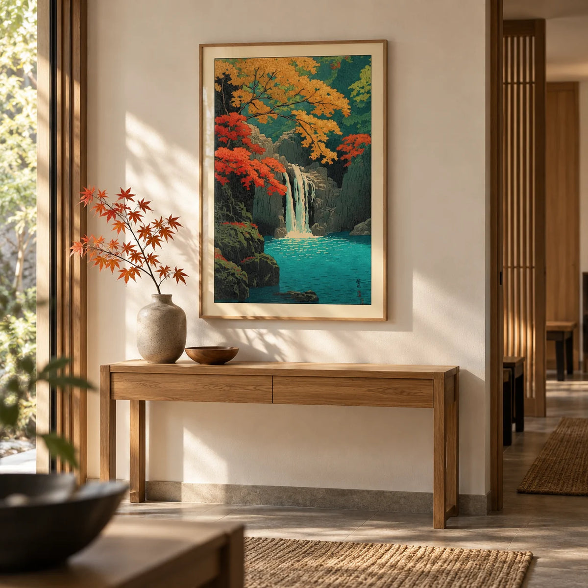 Hasui Kawase Waterfall Print, framed on the wall of a calm Japandi entrance hall with a warm white wall