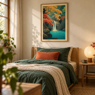 Hasui Kawase Waterfall Print, framed on the wall of a calm single guest bedroom with a soft cream wall