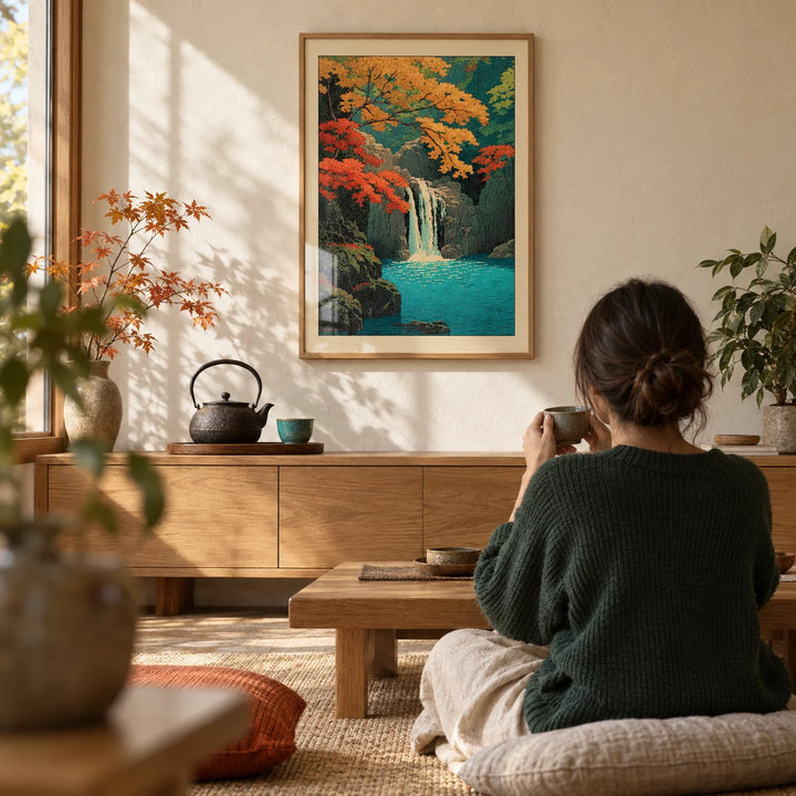 Hasui Kawase Waterfall Print, framed on the wall of a quiet tea corner with a cream plaster wall in a living room