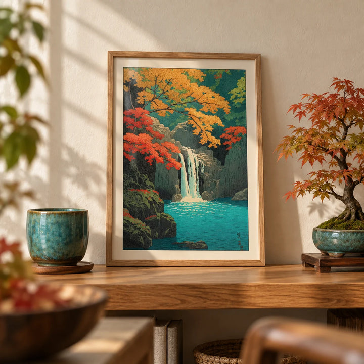 Hasui Kawase Waterfall Print, a small A4 framed print leaning on an oak shelf in a living room