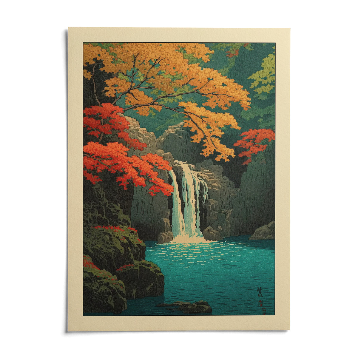 Hasui Kawase Waterfall Print, shown as an unframed paper print on a plain white background