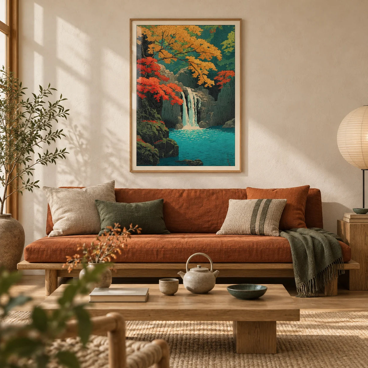 Hasui Kawase Waterfall Print, framed on the wall of a warm Japandi living room with a cream plaster wall and a light oak floor