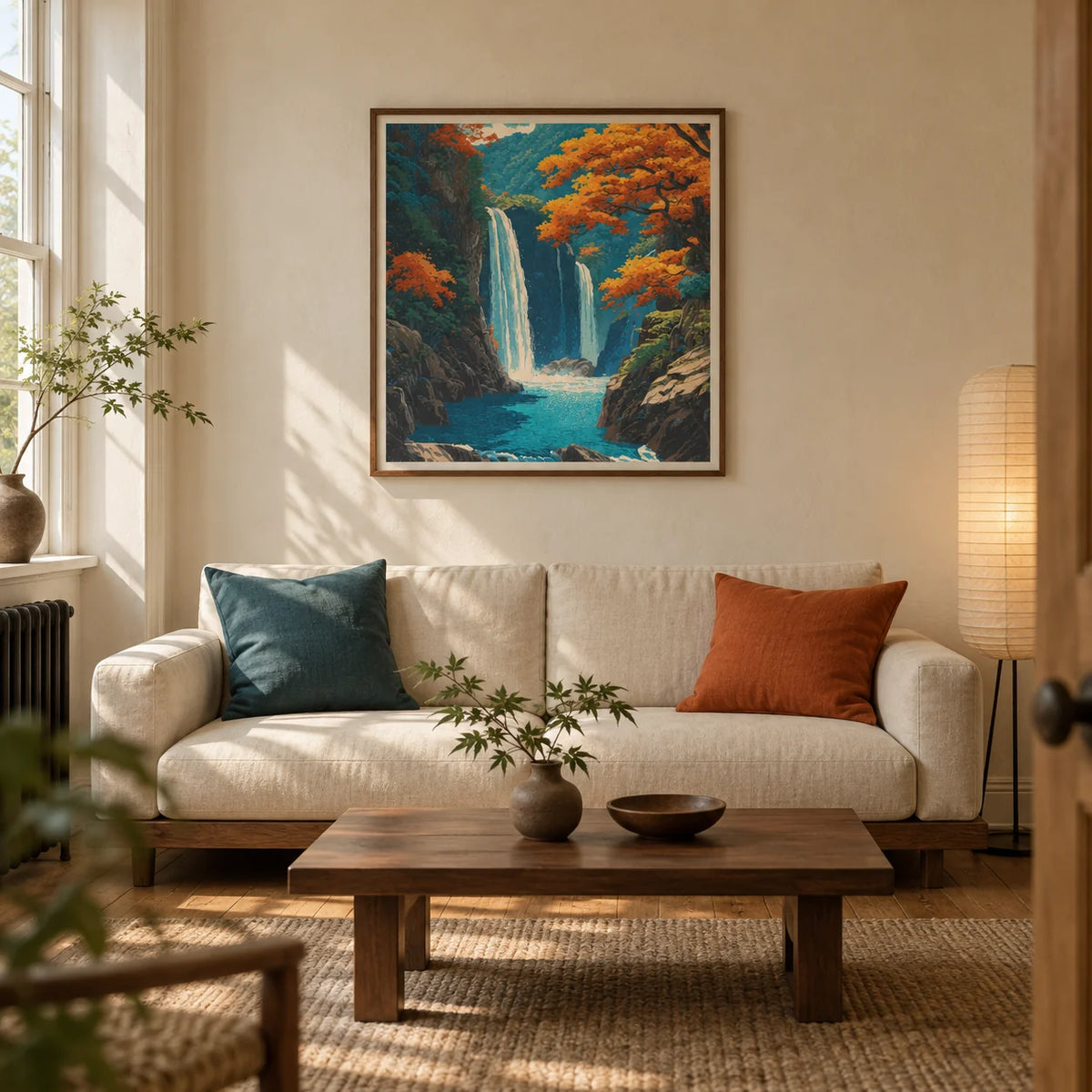 Hasui Kawase Waterfall Wall Art, framed on the wall of a calm Japanese-inspired living room in a UK Victorian terrace with warm ivory plaster walls and oak floorboards